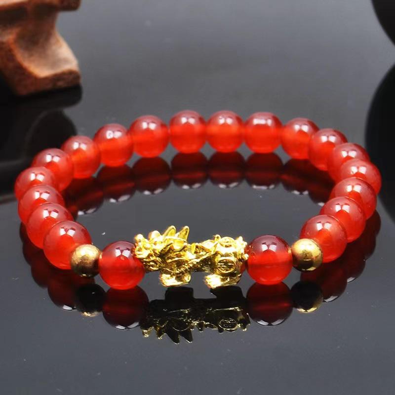 

Red Leather Pendant Bracelet with Gold Pixiu, 8mm Rose Quartz, Colorfast, Small Gift, Crystal Jewelry for E-commerce Live Broadcast.