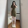 Chic and Unique Green Polo Collar Waist Dress Irregular a Word Short Women's Summer New Small Man