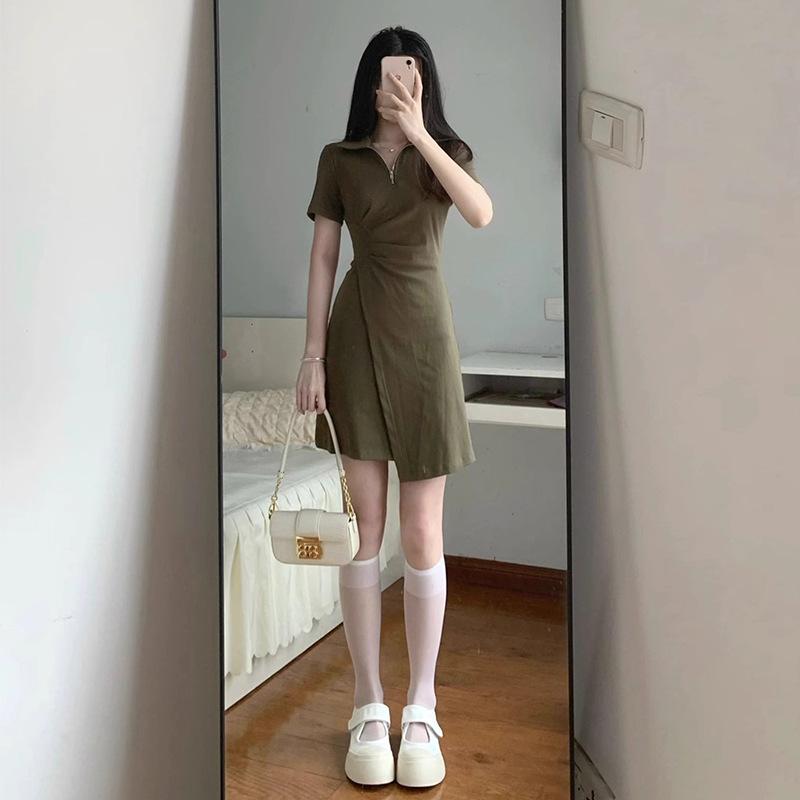 

Chic and unique green polo collar waist dress irregular a word short women s summer new small man S