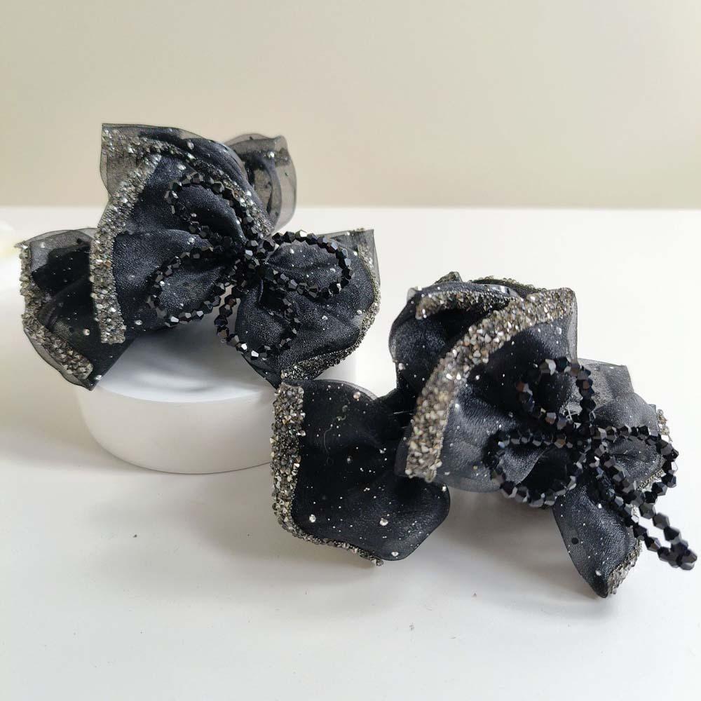 Elegante Schwarze Schleife Haiklammer Perlen Damen Pailletten Haarspangen Glänzende Strass Haar kralle Party