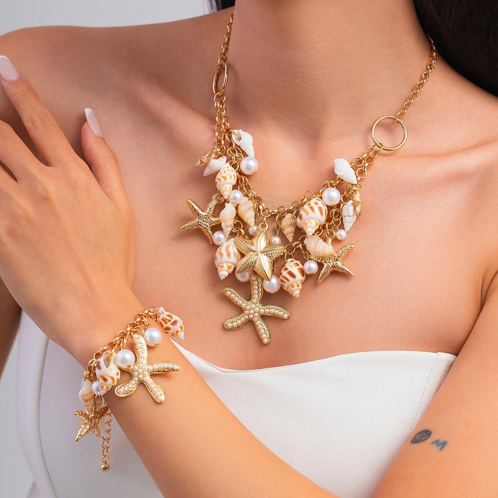 Boho Ocean Starfish Conch Tassel Pendant Choker Necklace Chain Bracelet Summer Beach Vacation Jewelry Set Gift