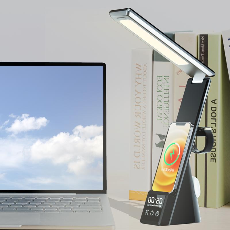 Multifunctional Table Desk Lamp with Wireless Charger Indoor Reading Folding Light With Clock for Phone for Smart Watch 2025