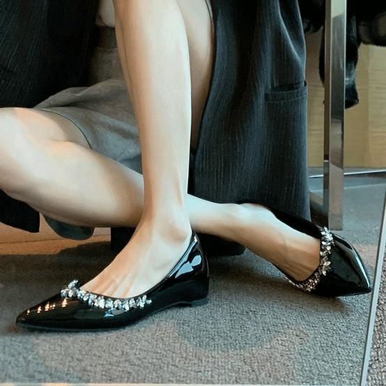 Spot Second Hair! French Evening Wind Heightened Rhinestone Pointed Flat Bottom Mary Jane Single Shoes Shallow Mouth Commuter Shoes Women
