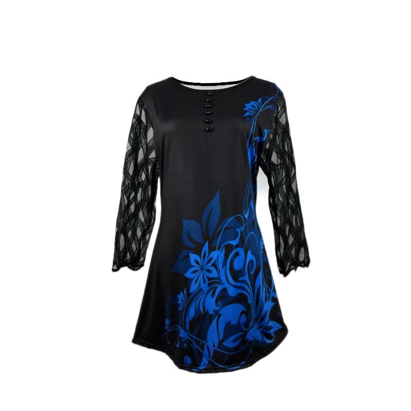 

QICED Весна Осень Женская футболка с круглым вырезом, принтом на пуговицах, кружевной вставкой, с рукавом пять четвертей XXXXL