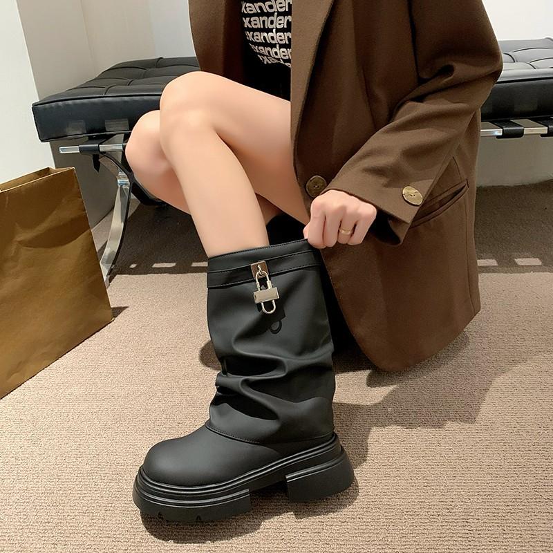 

Осень/зима Новые популярные однотонные милые прохладные ворсовые сапоги с круглым носком и толстой подошвой, повседневные модные тонкие сапоги до середины икры 40