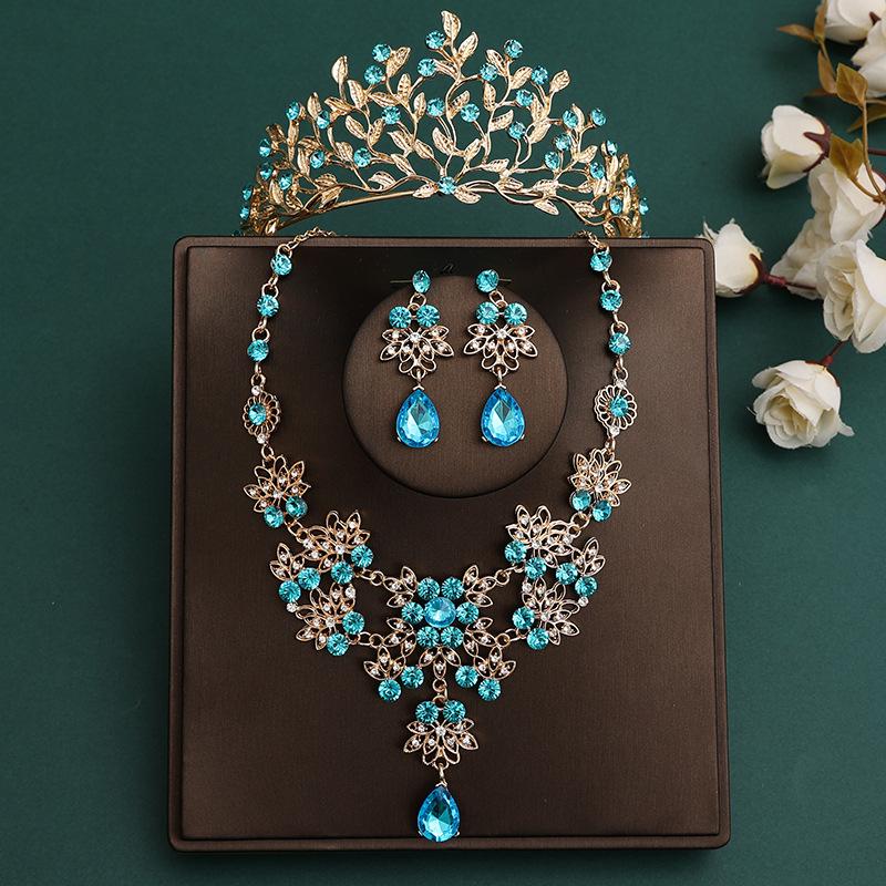 DIEZI Korean Sky Blue Crystal Crown Women Girls Headwear Luxury Bridal Bride Tiaras Necklace Earrings Wedding Party Jewelry Sets