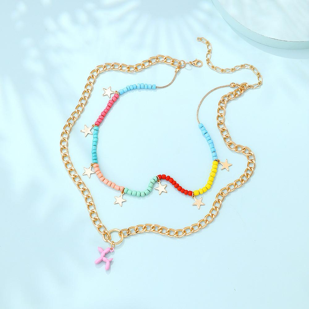 Contemporary Geometric Dog Pendant Necklace Featuring Colorful Soft Clay Flowers