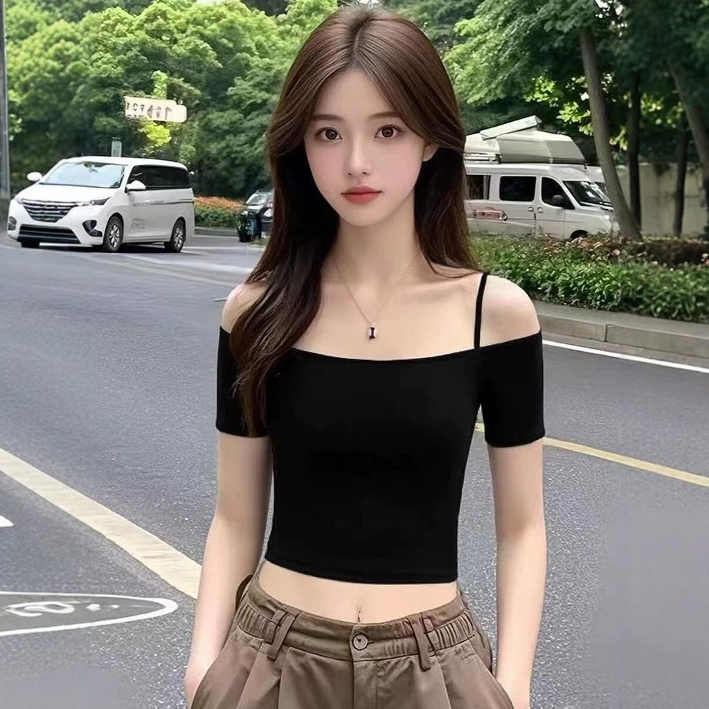 Summer New Off-the-shoulder Suspender Short-sleeved T-shirt Female Slim and Thin One-word Shoulder Short Sexy Belly Button Top Trendy