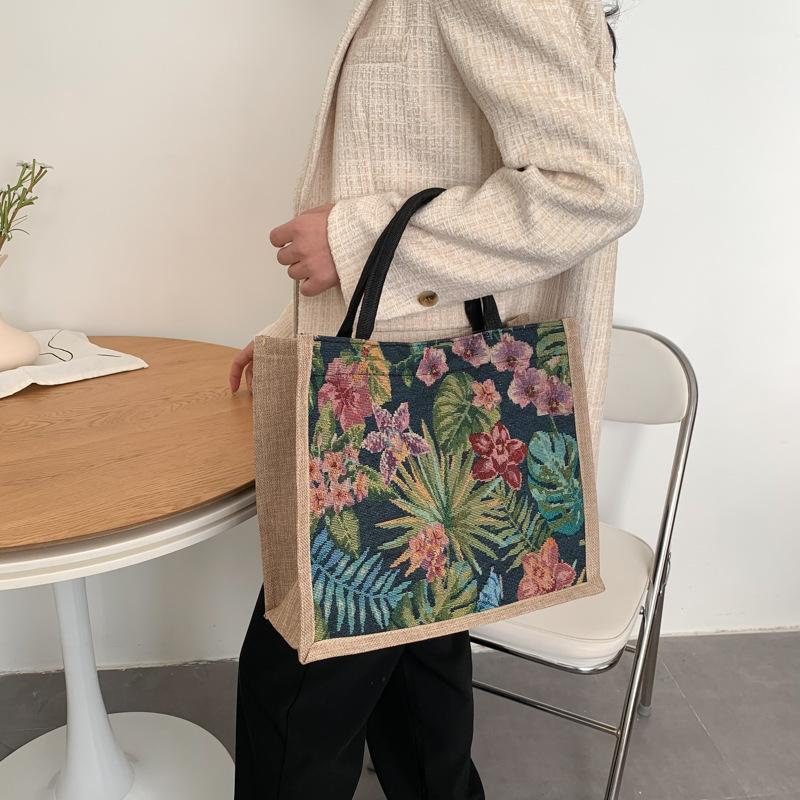 

Сумка Женская 2025 Новая Большая Вместимость Льняная Сумка Ручной Работы Цветочный Узор Льняная Сумка чёрный
