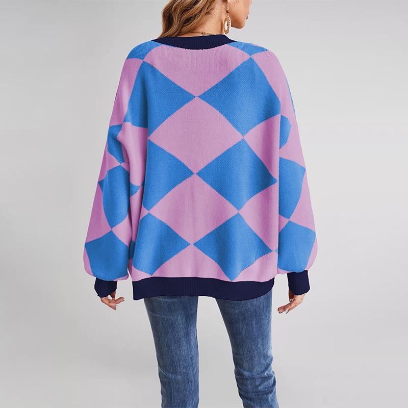 Winter hot sale V-neck rhombus splicing contrasting color loose knitted cardigan jacket women