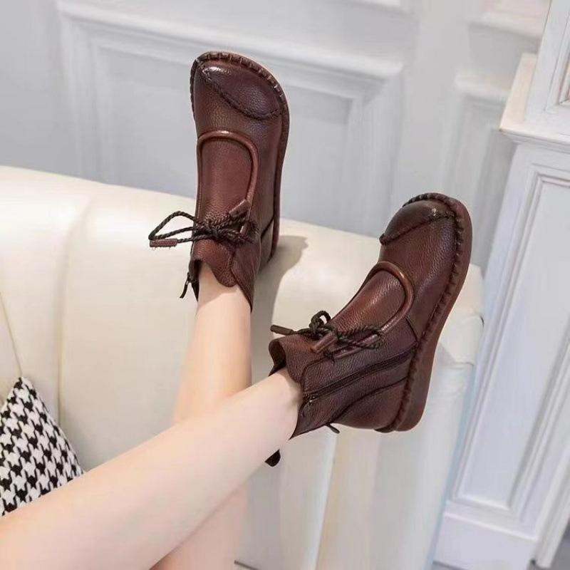 Short boots women's winter women's two cotton flat-bottomed non-slip women's shoes soft leather mother shoes velvet boots