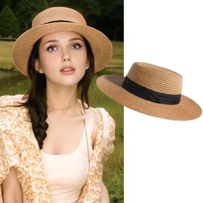 Cappello di Paglia Piatto Intreccio Naturale di Paglia Cappello a Tesa Larga Cappello Parasole Estivo da Spiaggia con Fiocco a Nastro