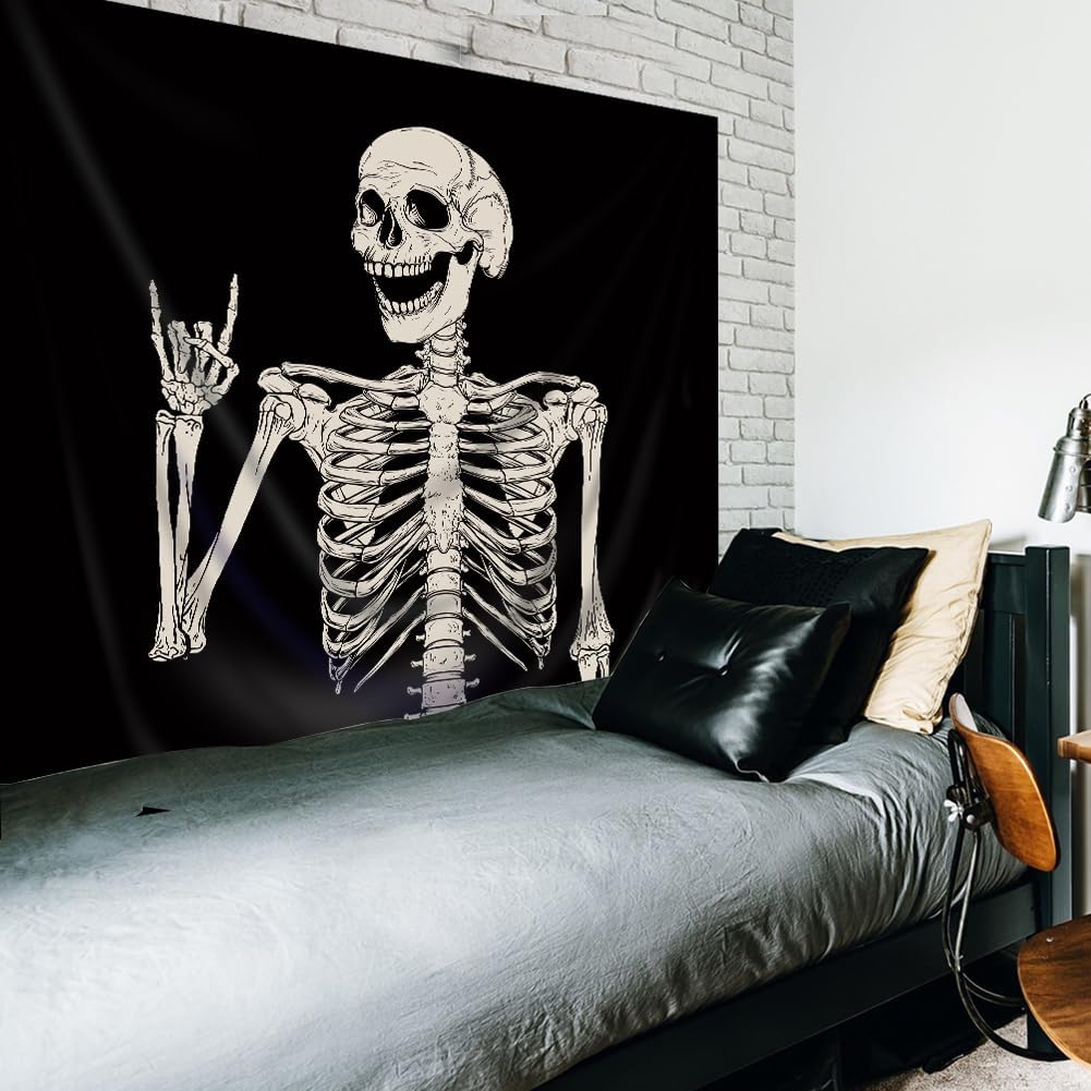 Riyidecor Skull Skeleton Tapestry Wall Hanging 51Hx59W Inch Funny Black and White Theme Home Decor for Men Women Gothic Hippie Halloween Bohemian