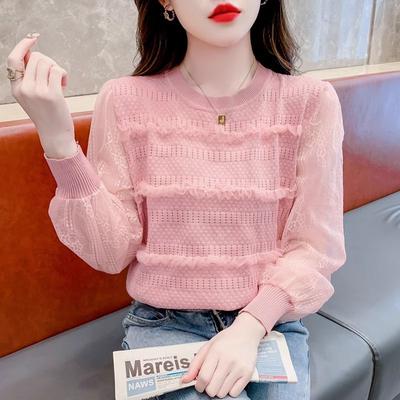 Fashion Knit Base Layer Women's Summer Fashion Patchwork Lace Blouse Versatile Pullover Top