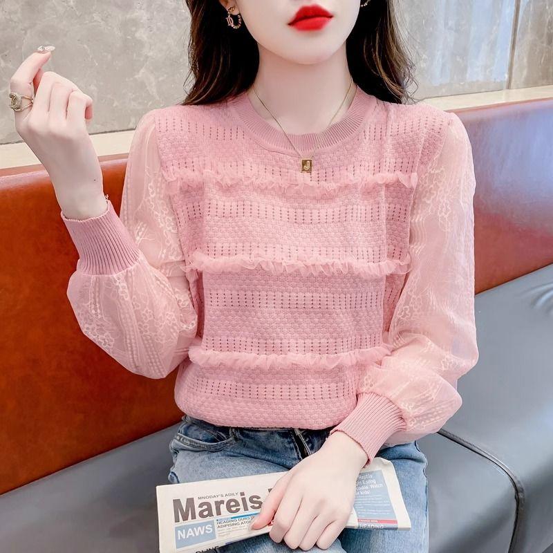 

Модный вязаный базовый слой Женская летняя модная лоскутная кружевная блузка Универсальный пуловер M розовый