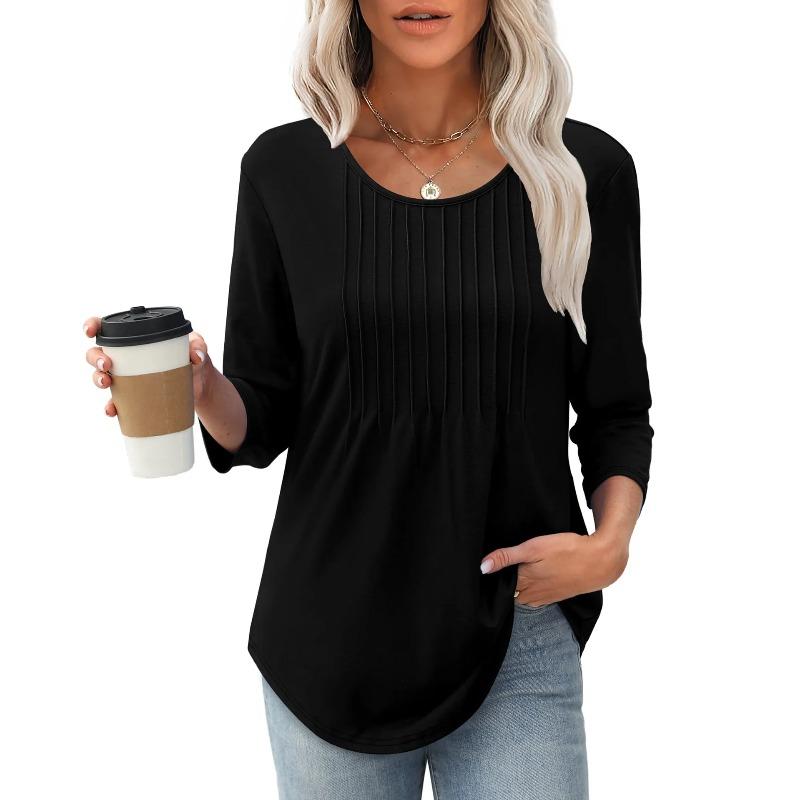 Autumn New Women's Long Sleeve Top Fashion Casual Pleated Low Crew Neck Women's Shirt