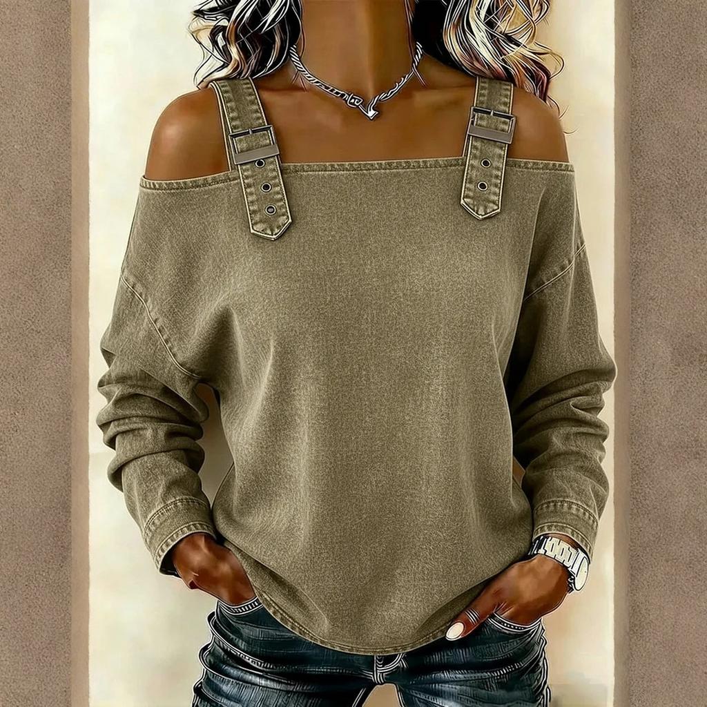 Women's Elegant And Versatile Off-the-shoulder Long-sleeved Top With Shoulder Straps.