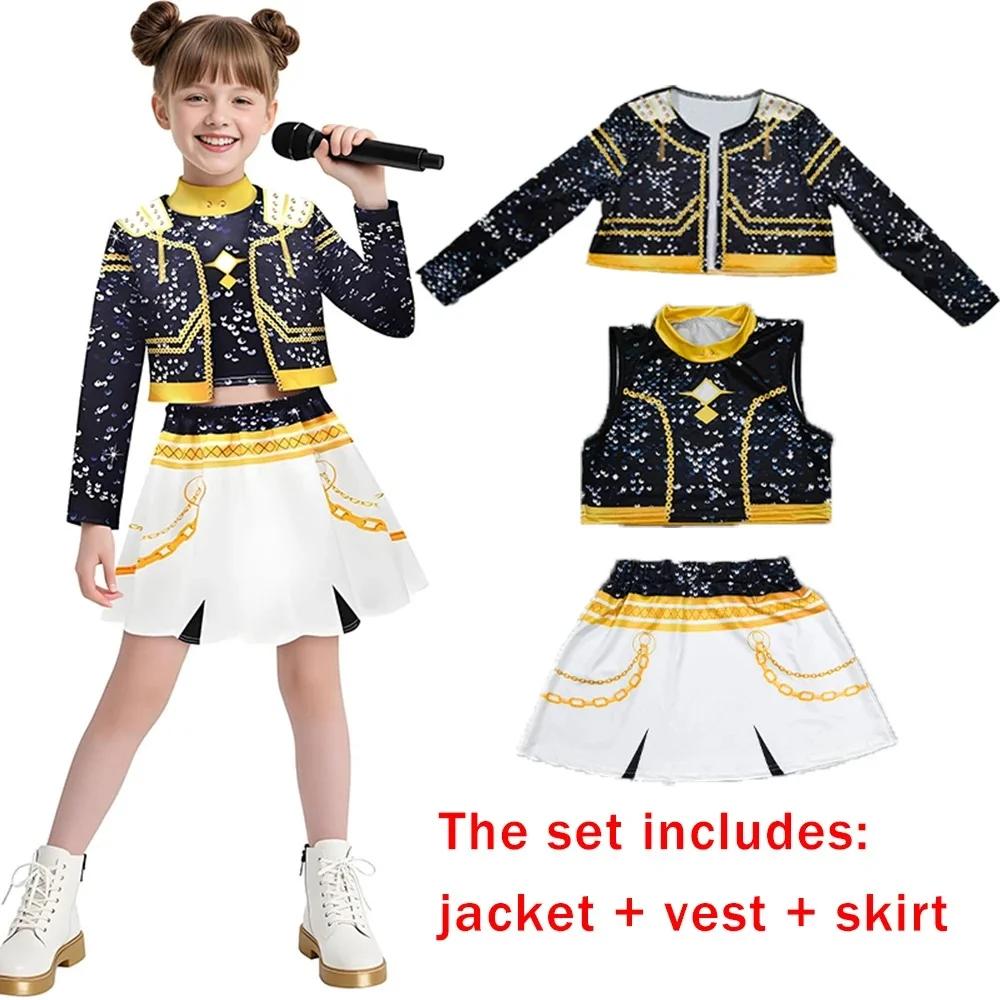 Nieuw Warrior K Pop Verkleedkostuum Rumi Kostuum Zoey Cosplay Mira Kleding Zwart 3D Print Meisjesgroep Dames Halloween Kostuums Outfits 110CM