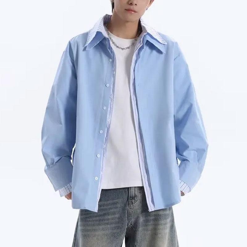Fashionable Striped Spliced Basic Shirts Men's Clothing Fake Two Pieces Autumn Long Sleeve Casual Lapel Single-breasted Shirts