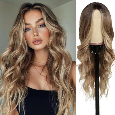 European and American Women's Long Curly Gold Lace Front Wig with Middle Part