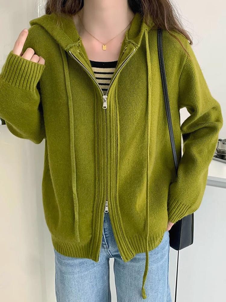 Women's 2024 Cozy Hooded Double Zipper Sweater Jacket - Loose Fit, Thickened Cardigan for All Seasons