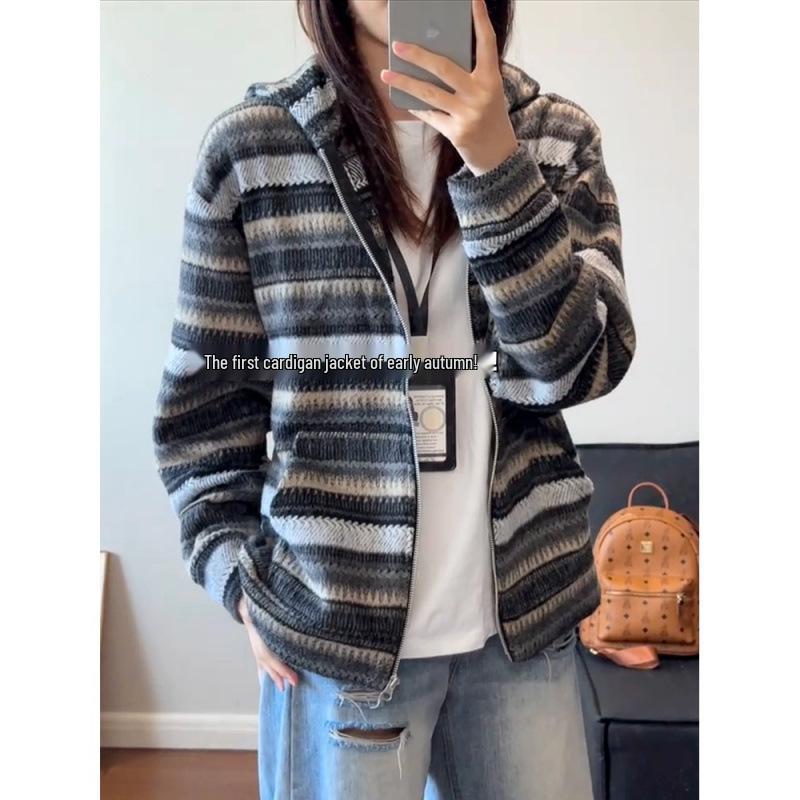 2026 Trendy National Tide Brand Striped Knit Sweater Hoodie for Couples