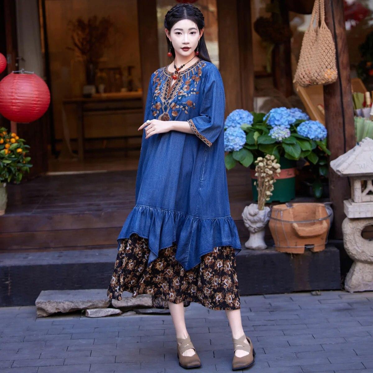

Женское весеннее платье Johnature с вышивкой в ​​винтажном стиле, индивидуальное свободное хлопковое платье в стиле ретро с короткими рукавами и v-образным вырезом XL синий