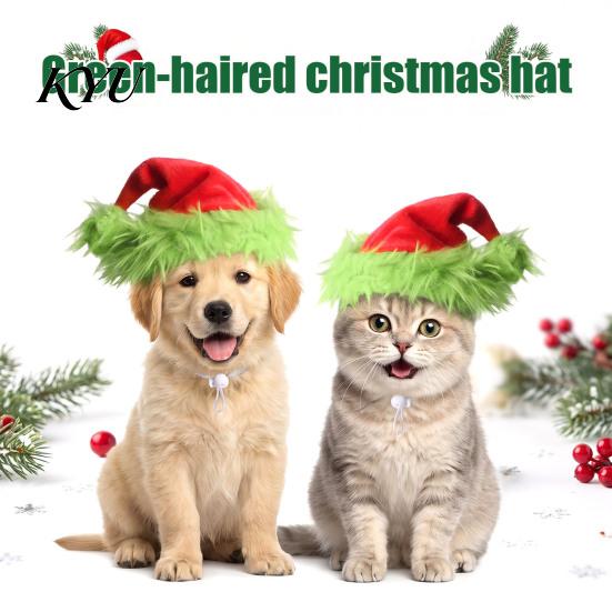 Adjustable Dog Cat Hat Christmas Pet Hat, Plush with Fuzzy Green Trim, Santa Photo Prop Elastic Band for Cats Dogs Festive Costume Accessory