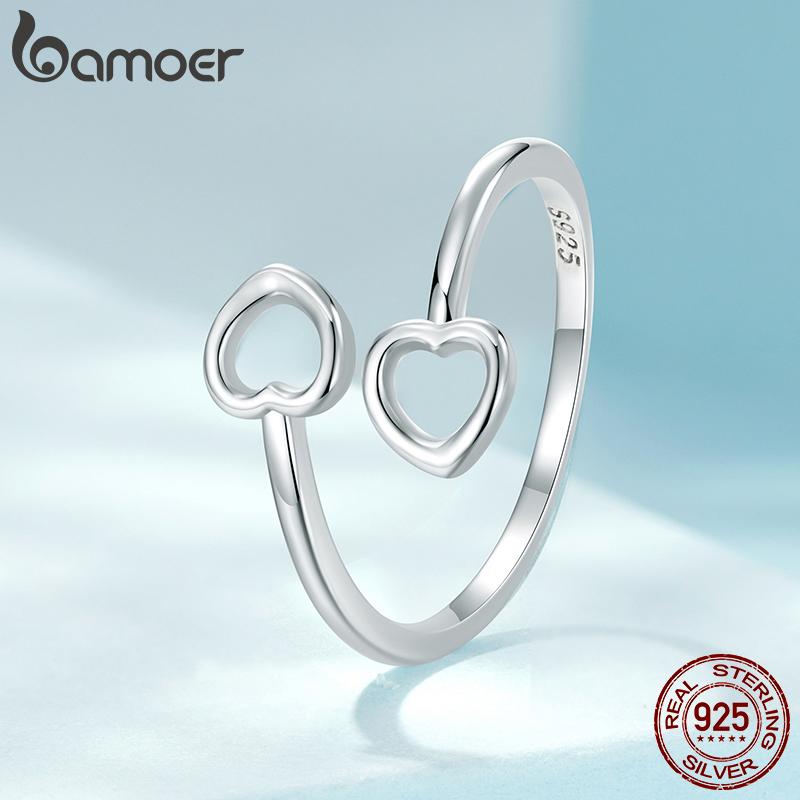 BAMOER 925 Sterling Silver Heart Open Adjustable Ring for Women Simple Stackable Band Rings