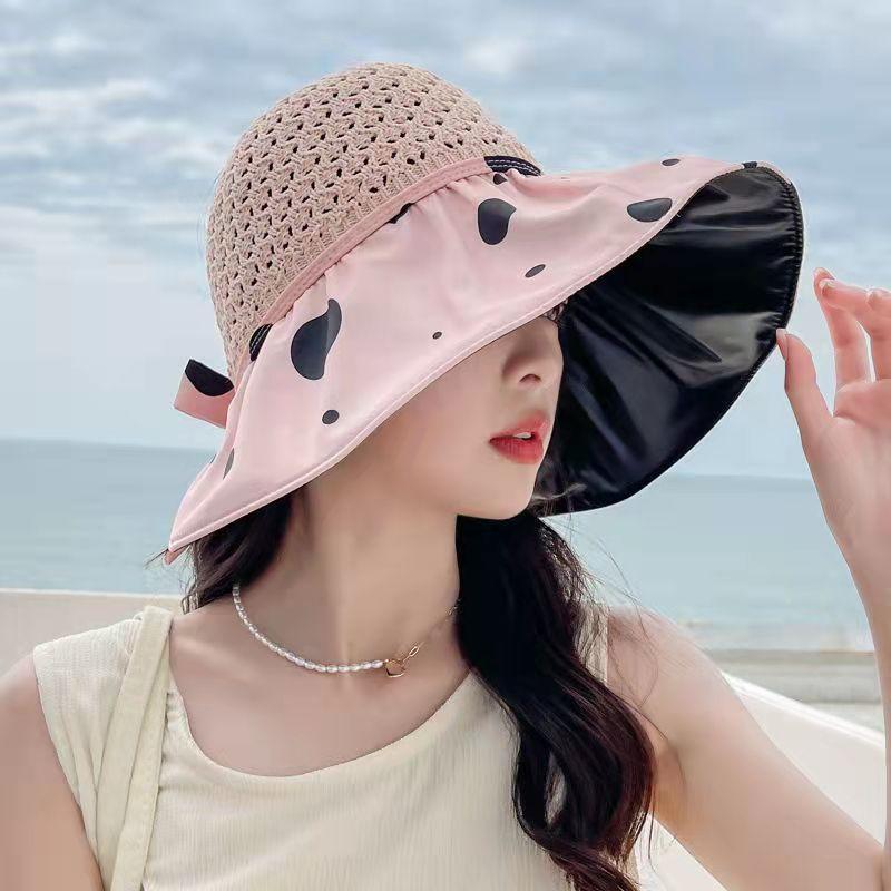 Summer Vinyl Visor Fashion Polka Dot Eaves Foldable Bucket Hat Temperament Bow Beach Visor Hat