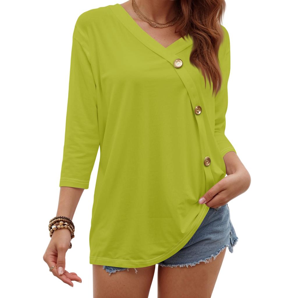Women's Fashion Casual Three-quarter Sleeve Solid Color Button Round Neck Top