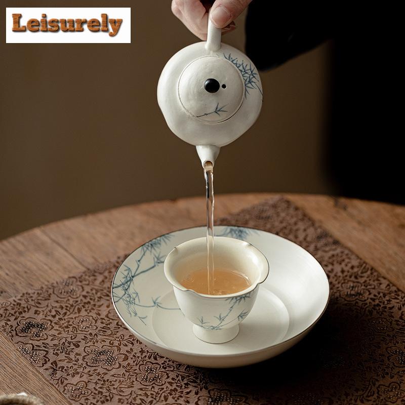 Hand-painted Bamboo Pot Bearing Holder Powder Yin White Magnolia Dry Brew Table Tea Tray Fruit Snack Plate Supplies Ornaments