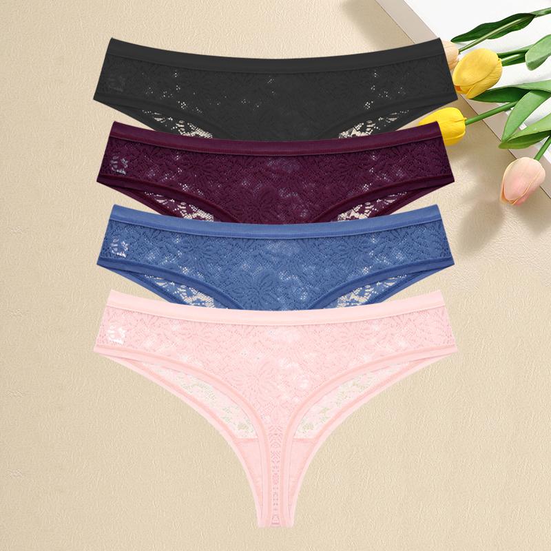 4Pcs Lace Hollow Out Thongs Underwear Women Floral Print Panties Sexy Low-Waist G-String Girls Soft Perspective Lingerie