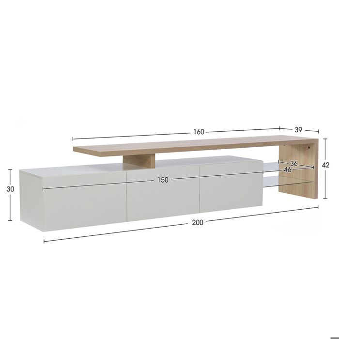 Mobile TV 200 cm, con illuminazione LED, contenitore, aspetto legno, ripiani in vetro, bianco, 200x39x41 cm