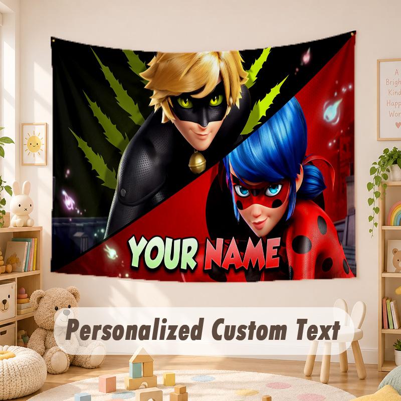 Arazzo con Testo Nome Personalizzato, Appeso a Parete Boho Miraculous Ladybug, Arazzo Decorativo di Sfondo Per Stanza