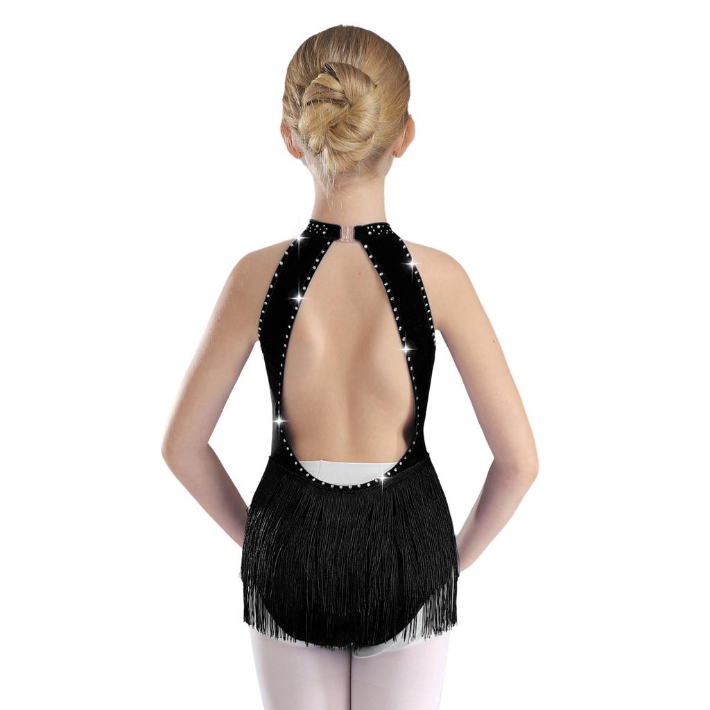 Girls Sparkly Performance Bodysuit Sleeveless Backless Style Rhinestone Fringe Detail Latin Dance