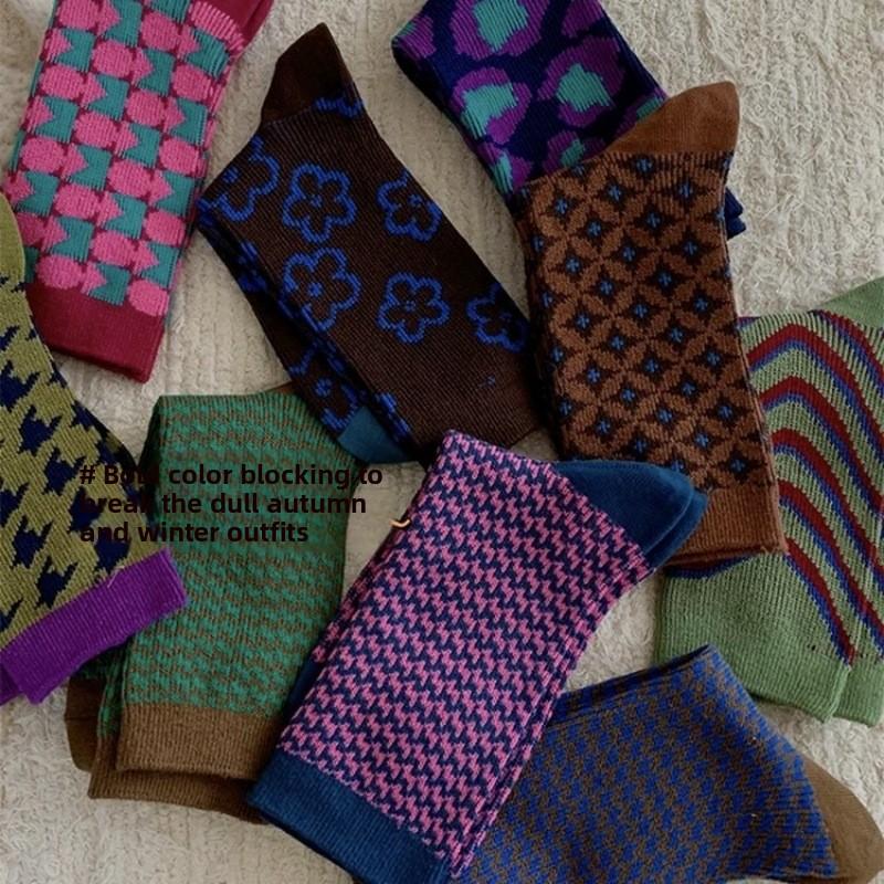 Retro Checkered Socks, Women's Striped Mid-calf Socks, Pile Socks