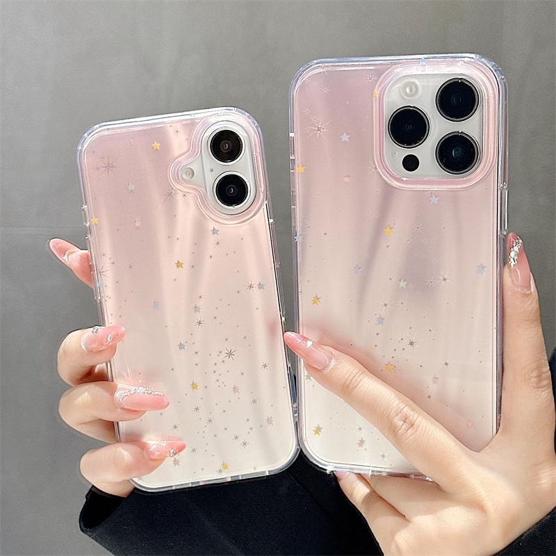 Luxury Gradient Pink Stars Laser Glitter Phone Case For iPhone 16 Pro Max 15 14 13 Pro Max Fashion Shockproof Bumper Cover