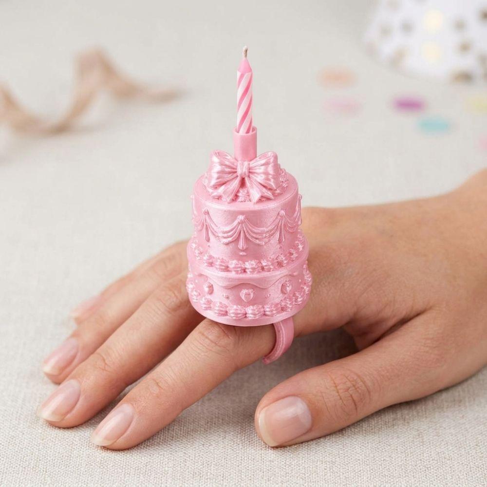 Silk Finish Finger Ring Candle Stand 3D Cake Shape Birthday Cake Ring Topper Celebration