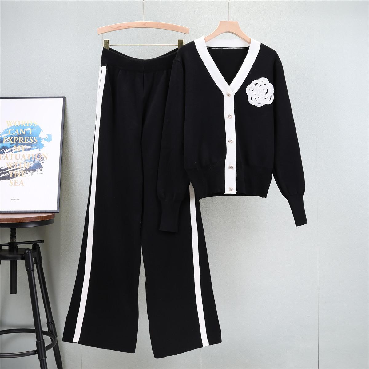 

Осенне-зимний женский свитер больших размеров, комплект из кардигана с длинными рукавами и V-образным вырезом, свободные широкие брюки One Size чёрный