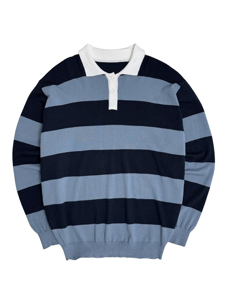 Lupeu Rugby Button Collar Striped Long Sleeve Knit Blue (Navy)
