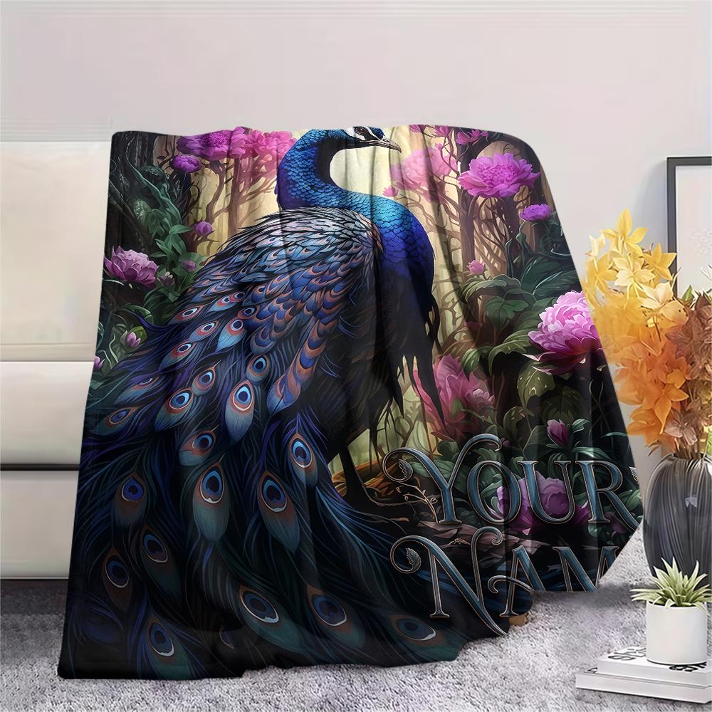 1PC Custom Name Peacock Forest Patterned Flannel Blanket Suitable For All Seasons for Home Decor Warmth and Comfort Gifts Holiday Present_lx