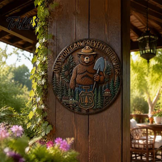 Retro Texture Wall Ornament Only You Can Prevent Wildfires Metal Sign, Vintage Round Bear Iron Hanging for Garden Decor, Funny Tin Sign Home, Garage,