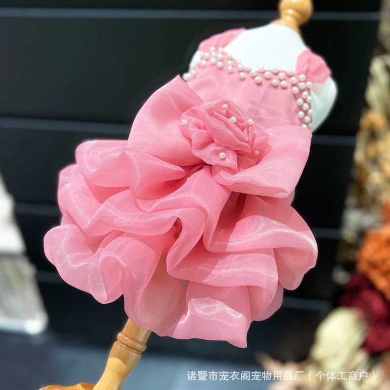 Handmade Pet Wedding Dress Floral Rose Pearl Embellished Puppy Formal Dress Teddy Bichon French Bulldog Bridal Party Dress