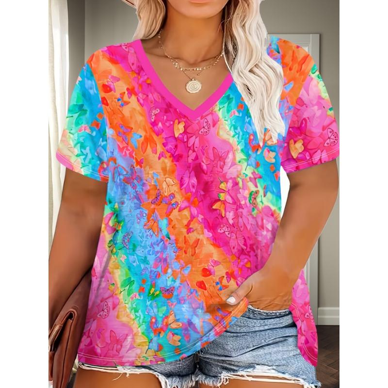 

Colorful gradient butterfly print pattern plus size women s V-neck short-sleeved T-shirt S