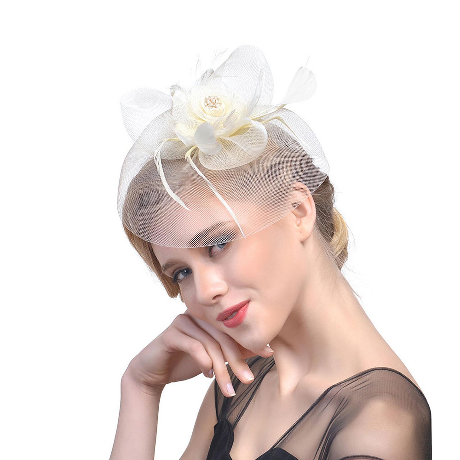 

Женщины цветок сетки ленты перья повязка на голову коктейль чаепитие шляпа головные уборы One Size бежевый