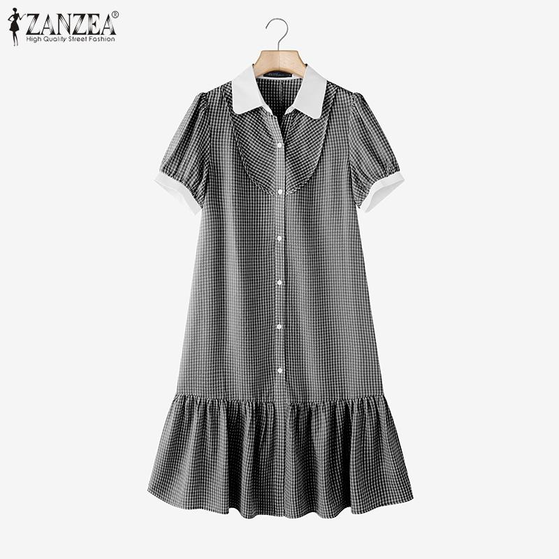 ZANZEA Women Elegant Doll Collar Summer Casual Short Sleeve Grid Print Dress