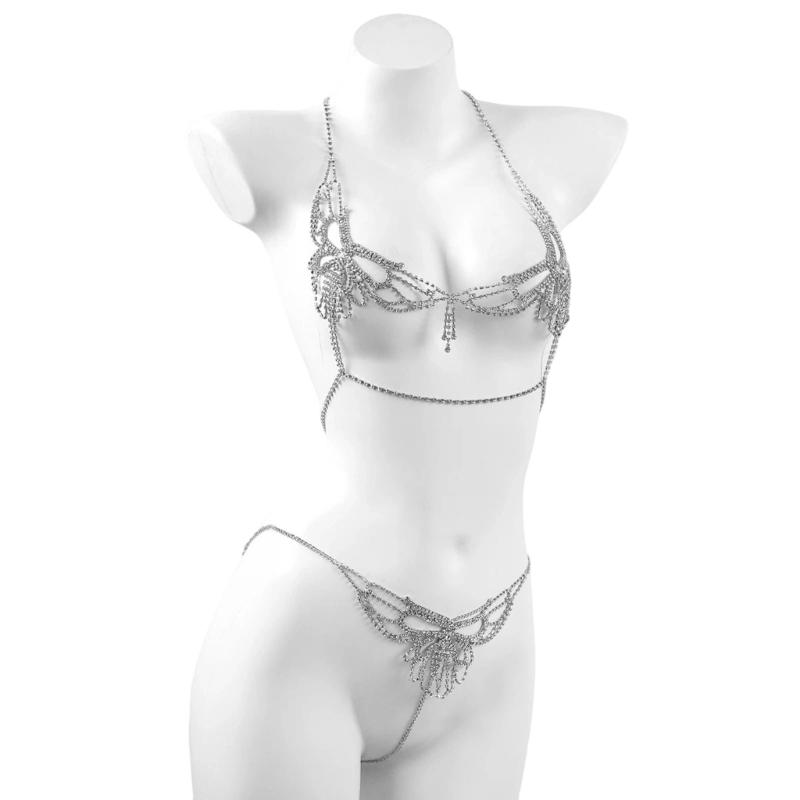 

Rhinestones Bikini Set Crystal Body Chain Womens Bra Top and Panties Thong Body Jewelry for Casual Beach Setting