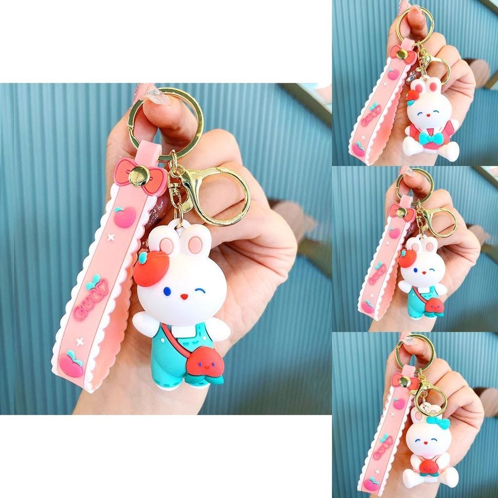 Adorable Cartoon Bunny Keychain Soft Rubber White Rabbit Peach Dressed