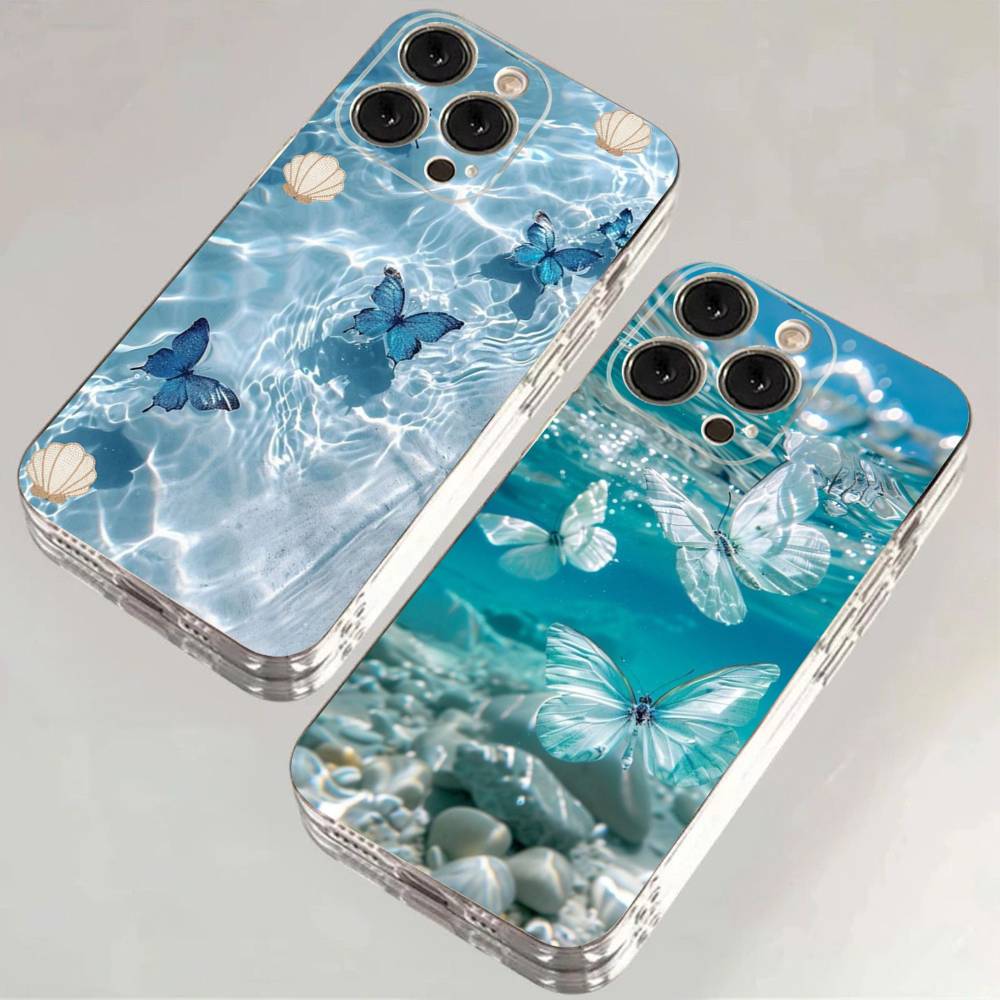Blue Butterfly Ocean Waves Phone Case For iPhone 17 15 14 13 11 12 16 Pro Max Plus Mini Transparent Silicone Soft Funda
